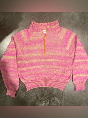 American Vintage Pink and Cream Striped Half-Zip Turtleneck Pullover